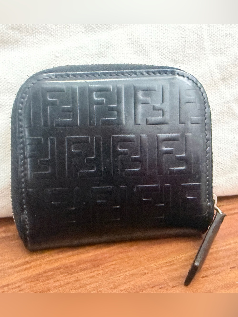 Authentic Vintage FENDI Black Embossed Zucca Leather Zip Around Coin Purse NWOT
